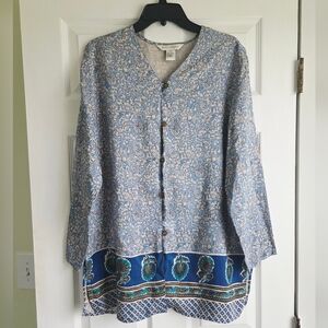 Melrose Studio ✨️ Silk Light Blue Printed Button-Up Women's Tunic Size M